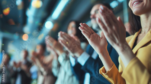 Colleagues giving a standing ovation to an awarded team member, Team, blurred background, with copy space