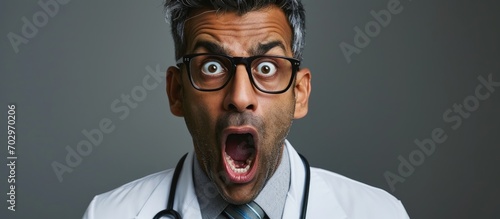 Indian man in doctor's coat, appearing shocked and sarcastic, with open mouth in surprise.