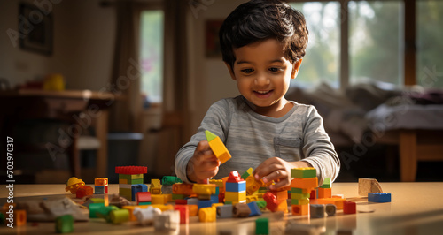 A young Indian toddler playing with building blocks