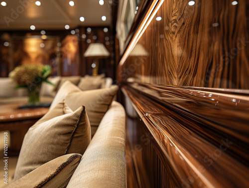 Luxuoso interior de iate com detalhes em madeira nobre