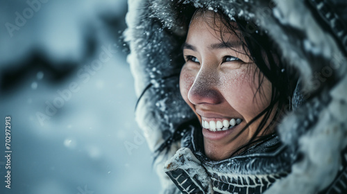 Portrait of an Inuit woman, 30 years old, with black hair and inuit sun ruff clothing