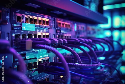 Network switch and ethernet cables in data center. 3d rendering, Network cables connected to switches, Ethernet router in a data center, Digital information transmission equipment, AI Generated