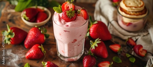 Vegan strawberry milkshake served with protein pancakes and fresh strawberries.