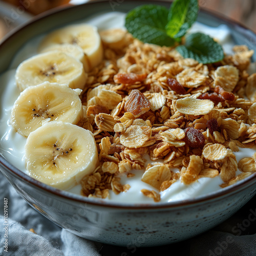Magia jogurtowego ranka. Interpretacja klasycznego deseru śniadaniowego - świeży jogurt z soczystymi kawałkami banana i chrupiącą posypką.