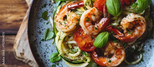 Horizontal top view of zucchini pasta, shrimp, and tomato on a plate.