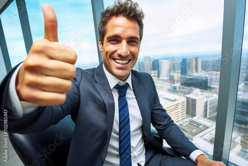 Corporate employee giving a thumb-up approval.