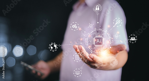 Ai tech, businessman touch on virtual graphic Global Internet connect to Chat with AI, Artificial Intelligence. Using command prompt for generates something, Futuristic technology transformation.
