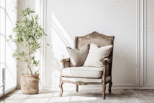 Old armchair and green plant near the wall