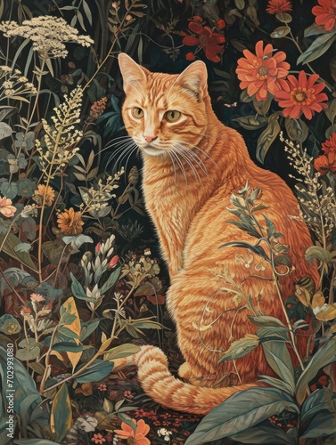 red cat, illustration William morris inspired. AI Generative