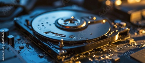 Modern open hard disk drive in close-up.