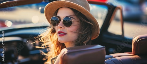 Attractive woman in stylish hat and sunglasses glanced at backseats in a convertible car.