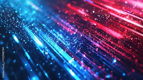 An abstract red-blue technology background featuring burst line lights and a speed effect