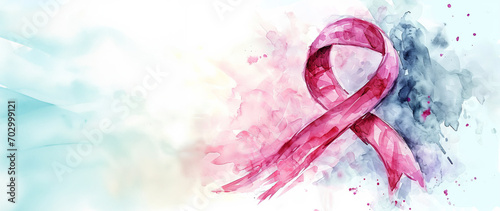 Breast cancer awareness month. Watercolor pink ribbon with copy space