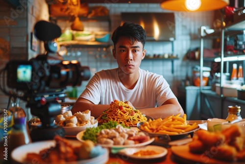 Mukbang enthusiast records a video while enjoying a feast of dishes, from spaghetti to chicken wings, reflecting the thriving food video trend on social media