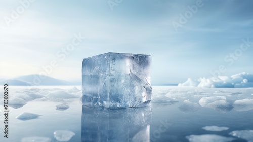  a large ice block floating on top of a body of water with ice floese floating on top of it.
