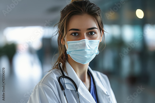 mujer doctora portando mascarilla quirúrgica, bata blanca y estetoscopio sobre fondo desenfocado de pasillo de hospital