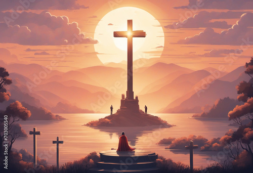 The sky on Golgotha Hill is enveloped in majestic light and clouds, with Jesus Christ carrying the cross symbolizing death, sacrifice, and resurrection.