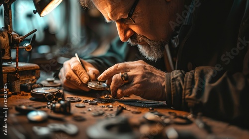 Watchmaker in workshop fixing a watch