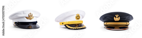 set collection of stylish navy ship military captain or high rank army general and police officer security guard hat in different colors, isolated on white png transparent background