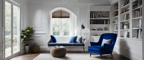 Cobalt Blue Reading Nook_ A panoramic view of a serene, white-walled reading nook with a striking