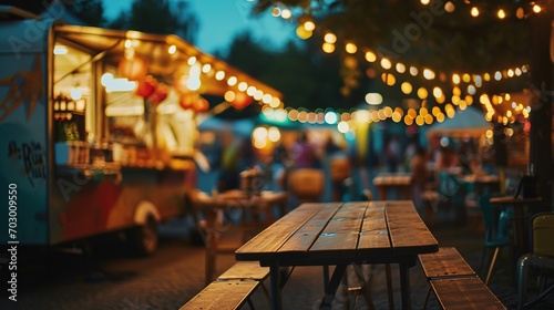 Generative AI, Food truck street festival, blurred lights background, atmospheric bokeh, muted colors 