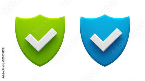 Green and Blue Security Shields with Check Marks Representing Protection and Approval. Vector stock illustration.