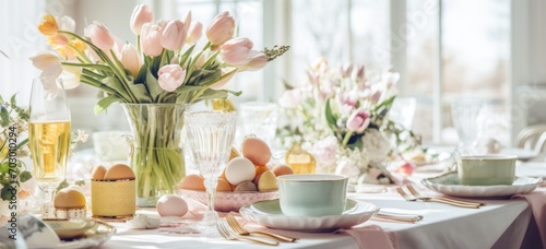 Elegant Easter brunch table setting with spring flowers and pastel decor. Seasonal celebration and style. Banner.