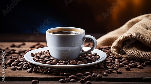 Close up of an espresso coffee cup with freshly roasted coffee beans on a vintage wooden table
