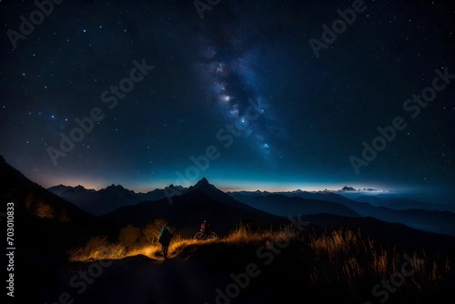 Embark on a dreamlike adventure as a happy photographer's silhouette treks through the mountains under a night sky adorned with real fantasy stars and the ethereal beauty of the Milky Way. 