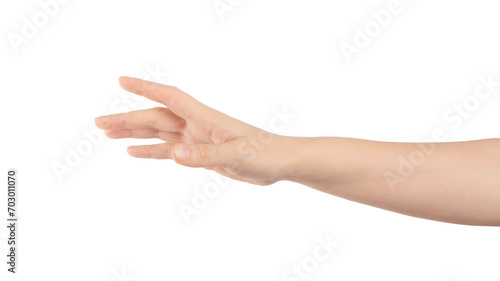 Close up of hand trying to reach for someone or something. Gesture of giving or asking help or sign for lust isolated on transparent png background. Carrying for you. Gentle motion and gesture female