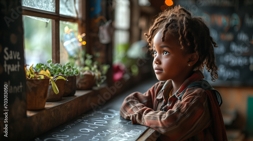 Bambina di origini africane in una scuola con la scritta Save the Planet sulla lavagna.