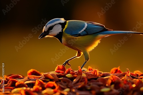 Charming Winter Scene. Blue Tit Bird Feeding on Delicious Seeds in Stunning Close-Up