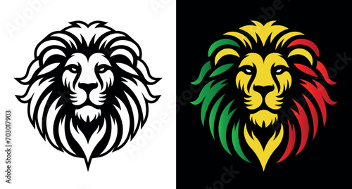 Jamaican reggae rasta lion head front view with rastafarian colors on white and dark background. Lion of Judah face eps vector art image illustration.
