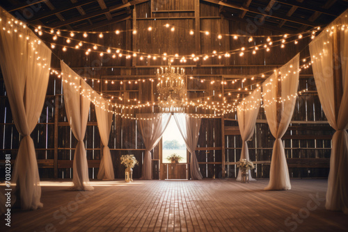 Indoor barn wedding with string lighting to celebrate marriage in a rustic setting. Generative AI