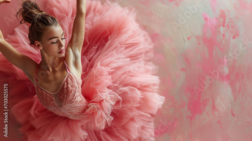 Beautiful ballet dancer in delicate pink ballet costume in a classica ballet pose. Dynamic grace of a ballerina in mid-dance. Elegance in Motion.