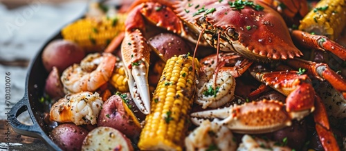Southern garlic crab seafood boil with Alaskan crab legs, new potatoes, corn, and shrimp platter.