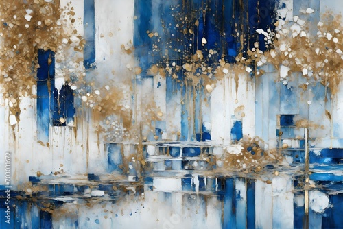 An abstract fusion of blue and white textures glistening with golden charm. -