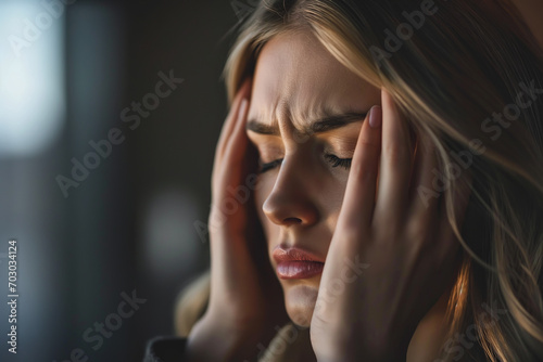 Mujer joven con gesto de dolor y sufrimiento llevandose las manos a la cabeza con los ojos cerrados. Concepto salud mental, depresion, migrañas,dolor cronico