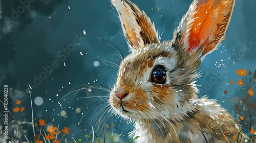 illustration of a bunny among wildflowers, picturesque scene with wildlife, emphasis on details, Concept: picturesque spring and Easter themes, copy space banner 