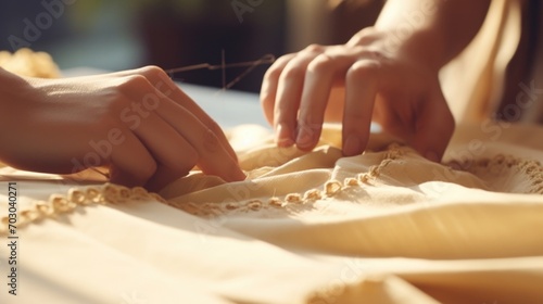 Closeup of a seamstresss hands carefully stitching a hemline.