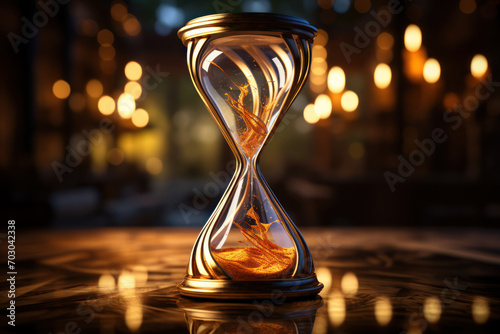 An intricately designed hourglass with golden sand slipping through, reminding us of the inevitability of time's passage. Concept of temporality and reflection. Generative Ai.