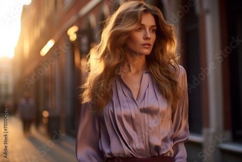 Elegant woman in a mauve silk blouse and striped cigarette pants, confidently striding down a bustling city street, her hair catching the golden glow of the setting sun