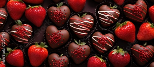 Assorted chocolate-covered strawberries in heart-shaped packaging.