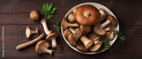 Forest mushrooms in a rustic bowl with herbs on wooden table, top view