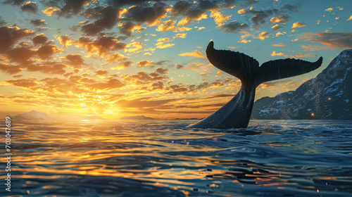 In the picture, a magnificent whale that raises his mighty tail creates the impression of an epic