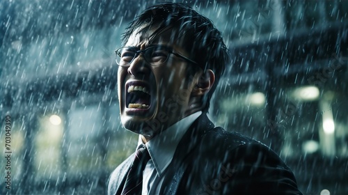 雨の中泣き叫ぶビジネスマン・悲しい・号泣・辛い・悔しい・ショック・絶望・倒産・リストラ・いじめ 