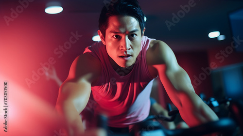 スポーツジムのランニングマシン・エアロバイクで運動する男性 