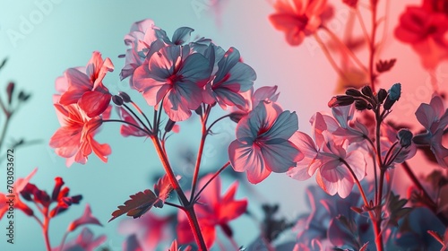 Spring geraniums against a gradient from red to light blue.