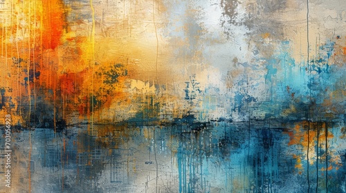 A painting depicts a sunset over a body of water, the vivid landscape in abstract art and painterly techniques.