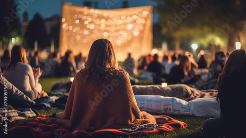 野外フェス・音楽フェス・映画祭で夜のステージを楽しむ観衆・女性の後ろ姿 